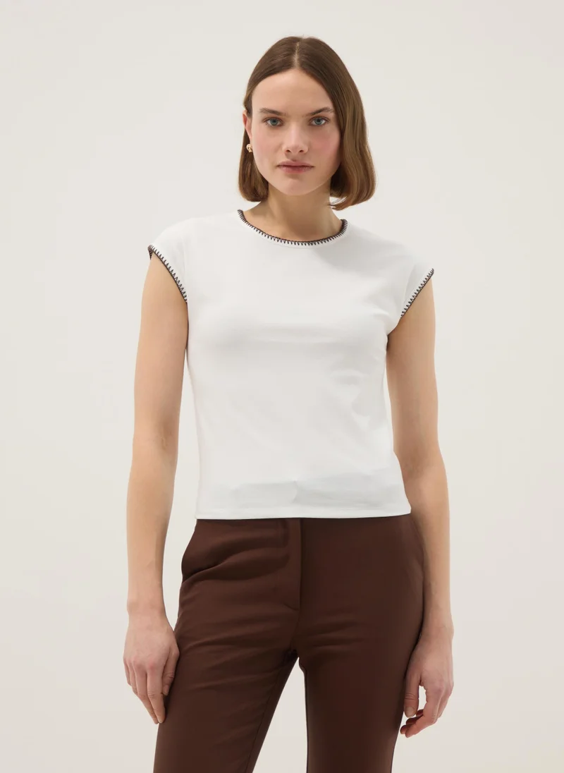او في اس OVS White Regular Fit Stretch Cotton T-Shirt With Stitching