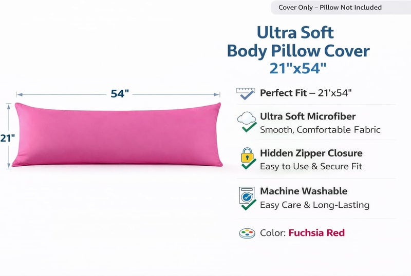EVOLIVE Ultra Soft Microfiber Body Pillow Cover/Pillowcases 21"x54" with Hidden Zipper Closure (21"x54" Body Pillow Cover, Fuchisa Red) - Image 3
