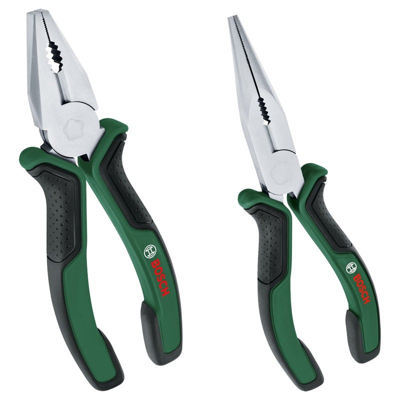 BOSCH 2Piece Pliers Set Features Combination LongNose Pliers Ergonomic Design Durable Matt ChromeNickel Plating Precision Grip LongLasting for Robust Multitasking - Image 1