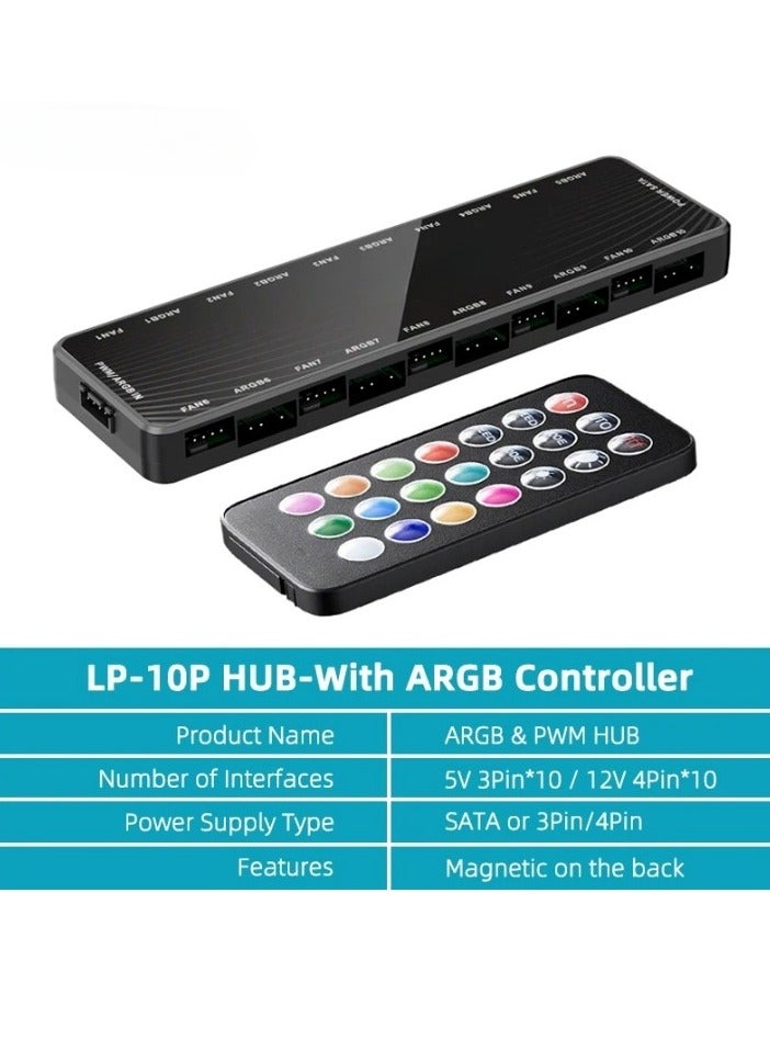 Loquat ARGB Fan Hub, 2 In 1 Portable Fan Hub Adapter, Nine Fan And Nine Led Ports Pc Fan Hub Support, Durable Compact Computer ARGB Fans Splitter, (Black, LP10 Hub With ARGB Controller)  - Image 1