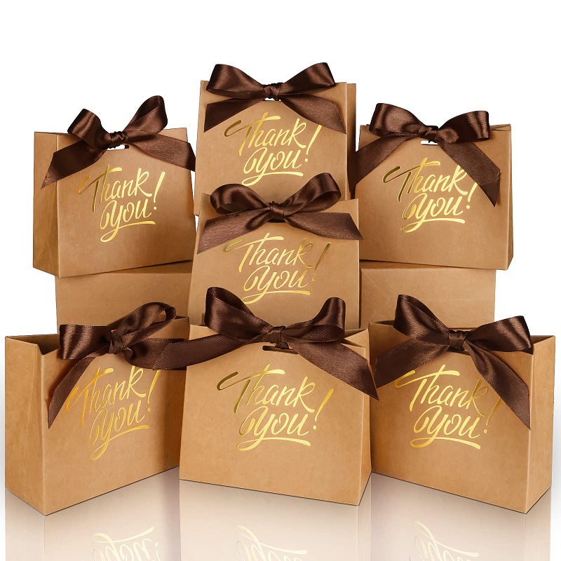 DOYIDE 100 Pack Small Thank You Gift Bags, 4.5x1.8x3.9in Party Favor Bags Boxes with Bow Ribbon, Small Paper Gift Bags with Gold Foil Printed, Mini Candy Treat Bags for Birthday Wedding Party Holiday - Image 1