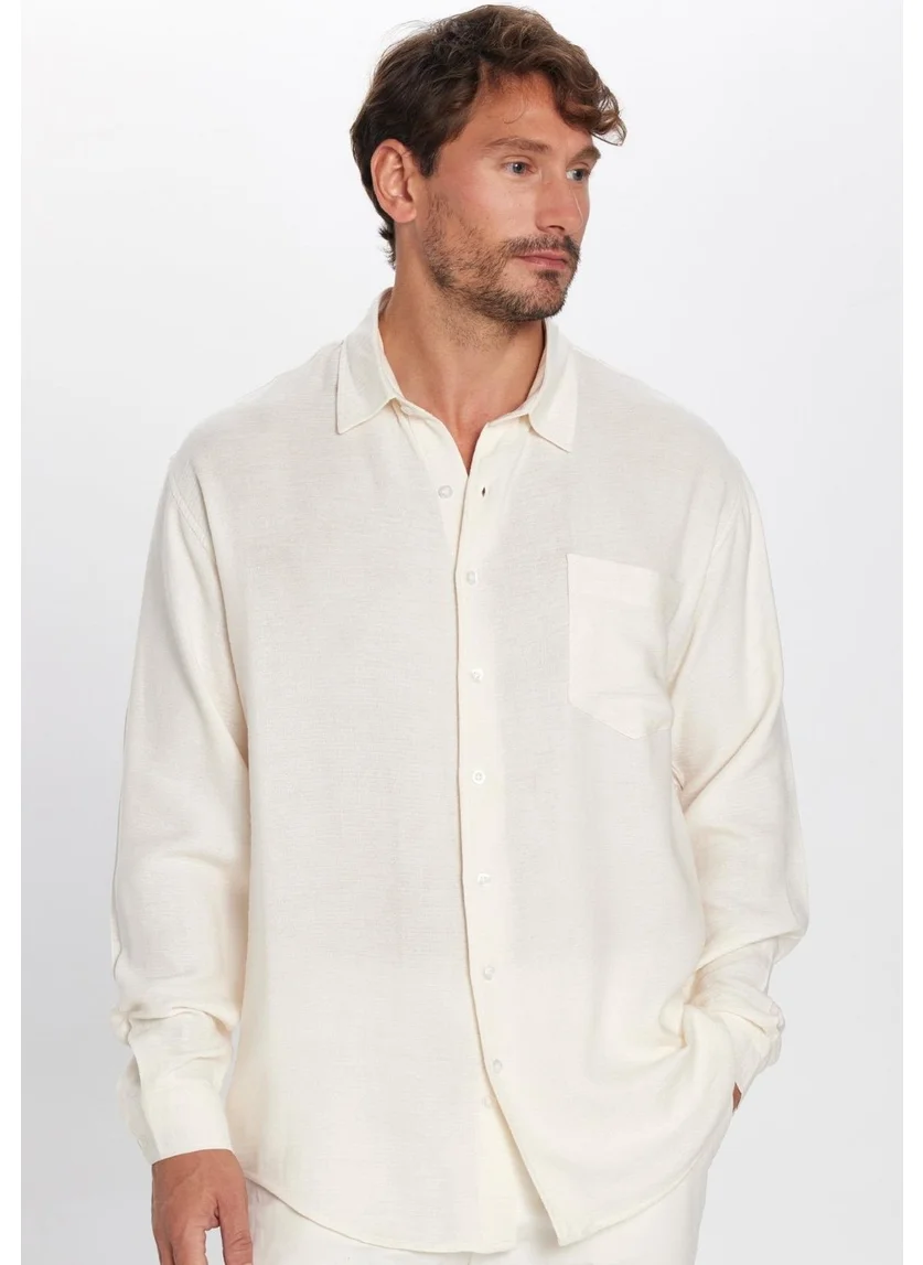 تودورس Men's Relax Fit Casual Cut Viscose Cotton Single Pocket Plain Ecru Shirt