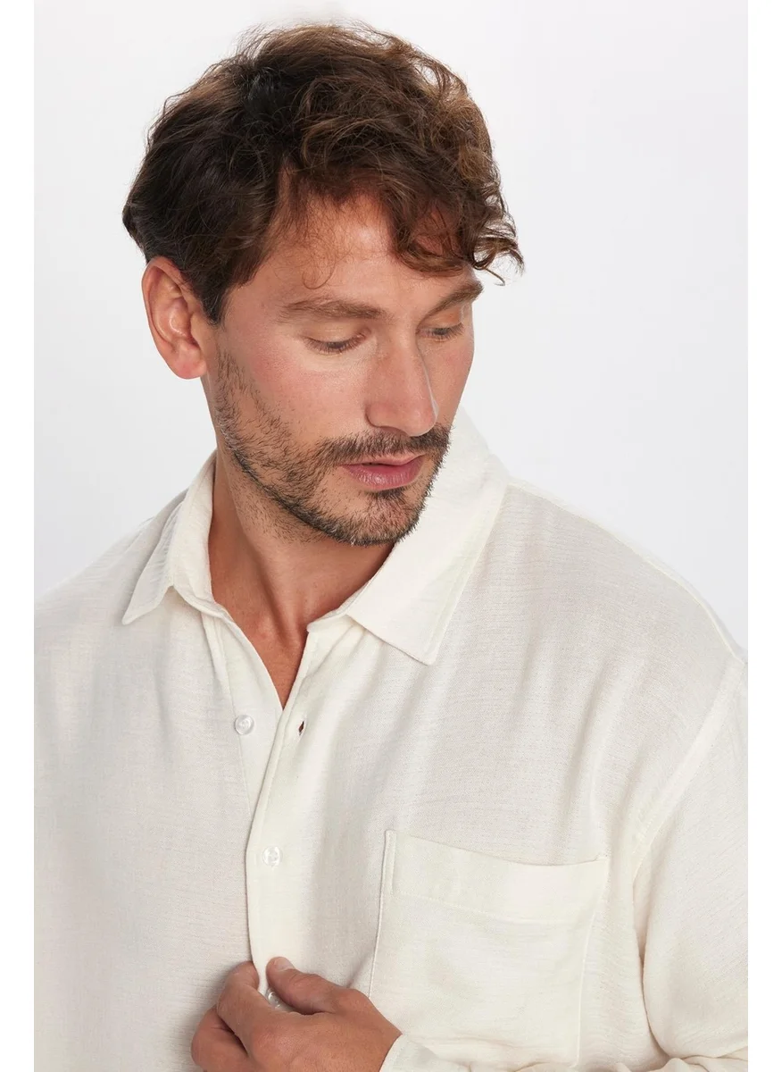 تودورس Men's Relax Fit Casual Cut Viscose Cotton Single Pocket Plain Ecru Shirt