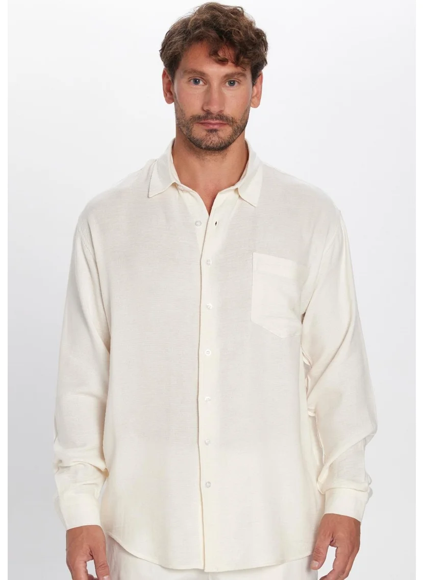 تودورس Men's Relax Fit Casual Cut Viscose Cotton Single Pocket Plain Ecru Shirt