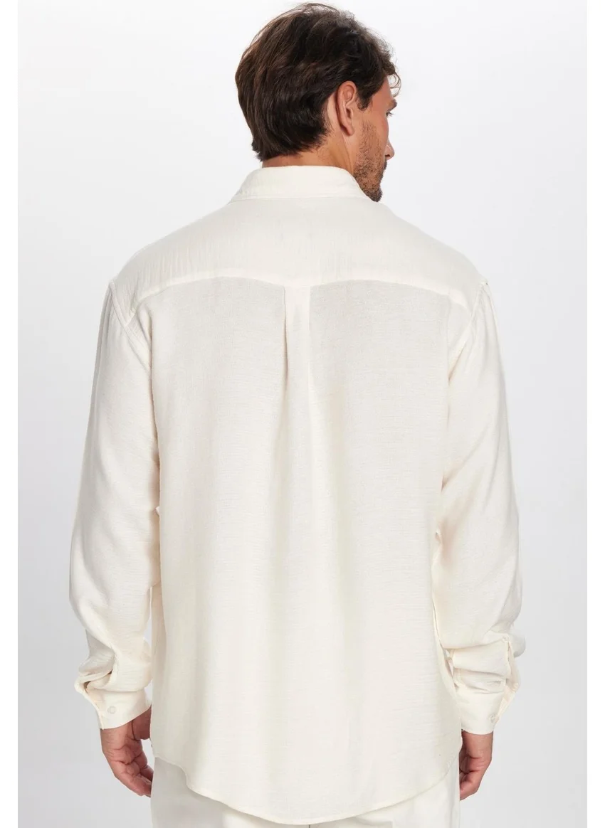تودورس Men's Relax Fit Casual Cut Viscose Cotton Single Pocket Plain Ecru Shirt