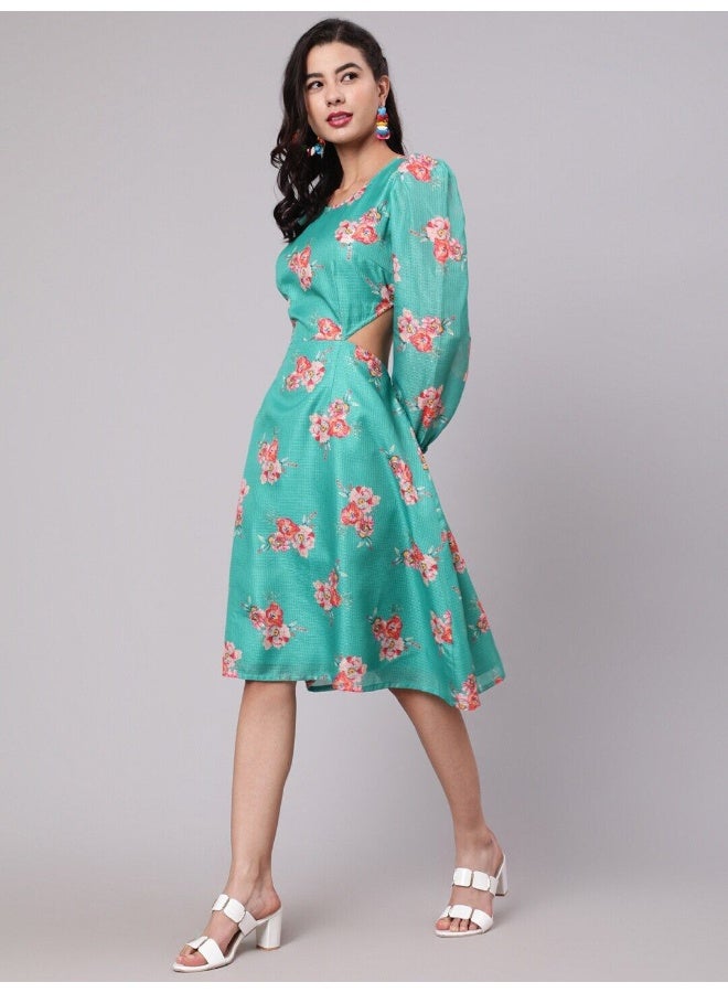 AKS Green Floral Print Cut-Out Skater Dress  - Image 4
