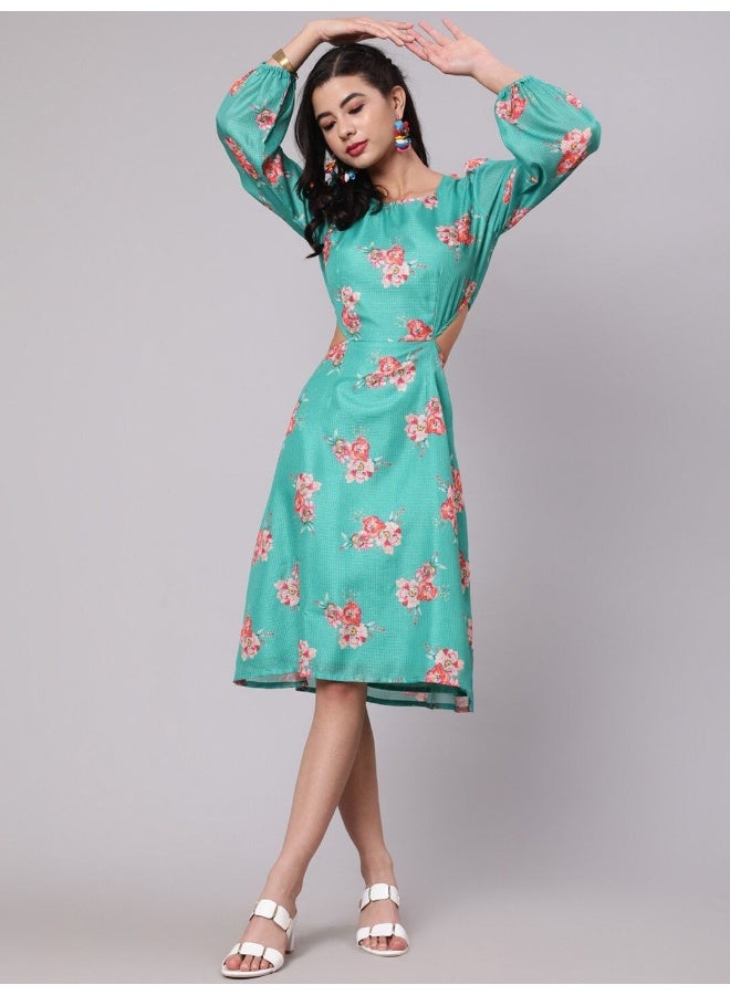 AKS Green Floral Print Cut-Out Skater Dress  - Image 3