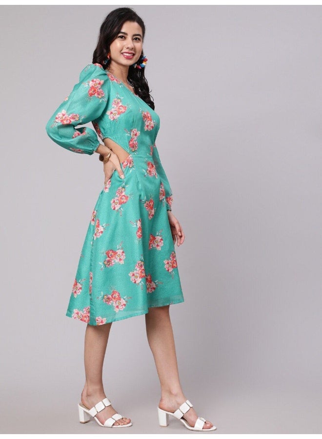 AKS Green Floral Print Cut-Out Skater Dress  - Image 5
