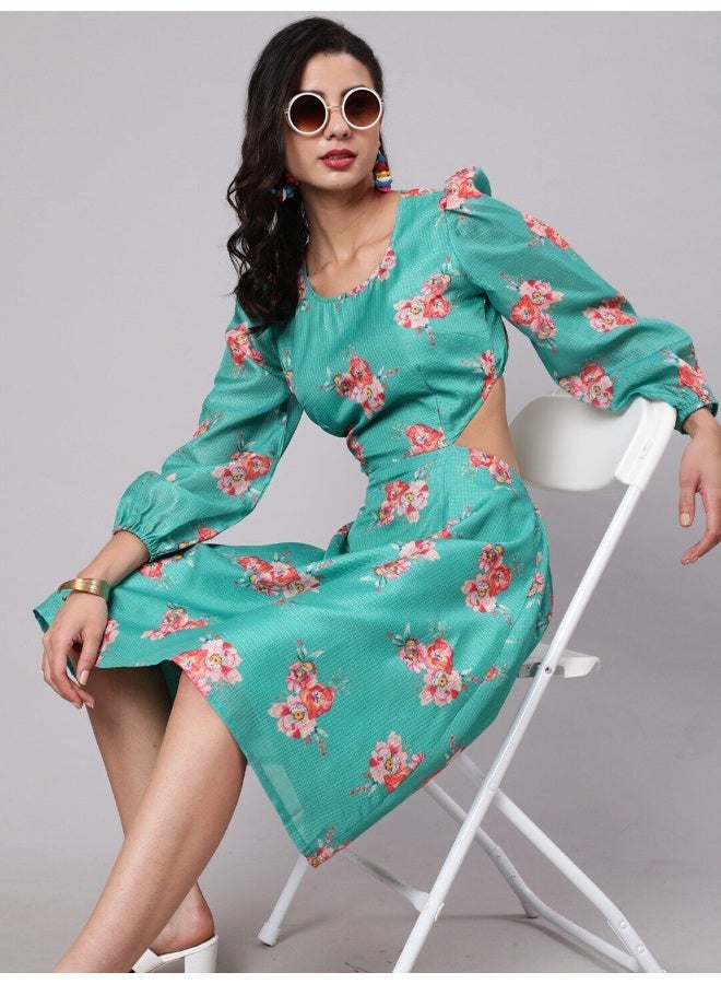 AKS Green Floral Print Cut-Out Skater Dress  - Image 1