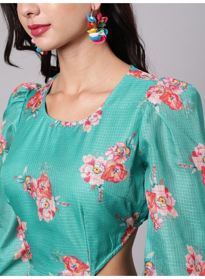 AKS Green Floral Print Cut-Out Skater Dress  - Image 2