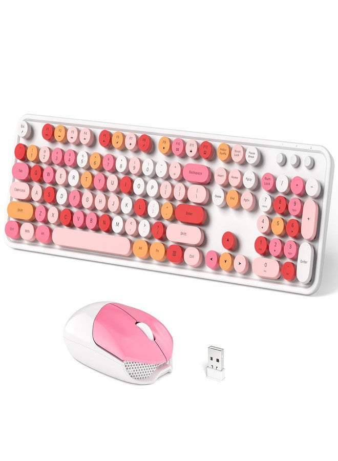 MOWUX Wireless Keyboard and Mouse Combo, Full Size Typewriter Retro Round Computer Keyboard, Mouse Wireless, Plug and Play, for Laptop, PC, Computer- White Colorful - Image 1