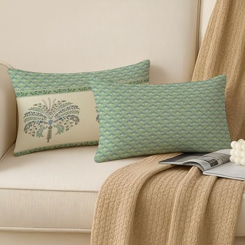BRICK HOME Set of 2 Polycotton Printed Cushion Covers 12x18 Inches | Traditional Palm & Floral Design | Mint Green, Blue & Beige | Soft Decorative Pillow Covers for Sofa, Couch & Living Room - Image 2