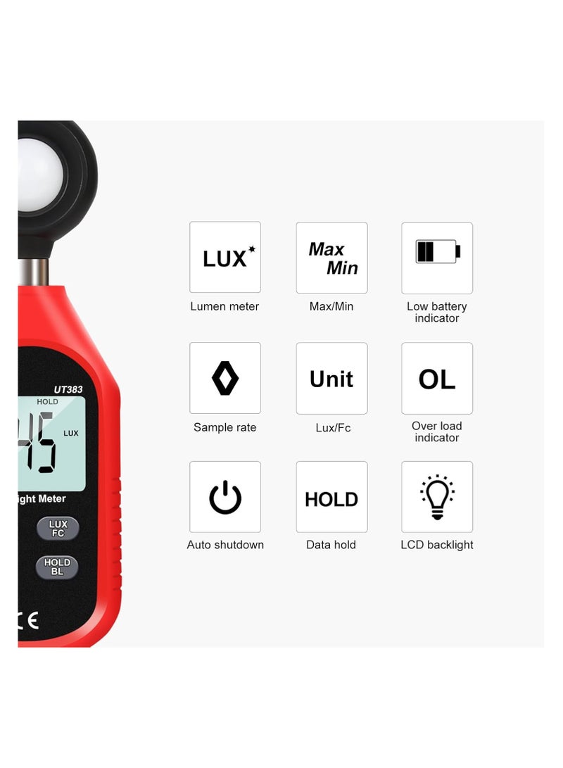 UNI-T UNI-T UT383 Light Meter Lux Meter Lumens Digital Illuminance Meter 0~199,900 Lux (0~18,500 FC) Foot Candles Luxmeter for Film Photography Plants Photometer Lighting Intensity Brightness Measurement - Image 4