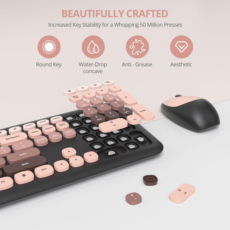 Surmen Cute Colorful Keyboard and Mouse Wireless Silent, Full-Size Retro Typewriter Wireless Quiet Black and Pink Keyboard Low-Noise 2.4GHz for Computer, Desktop, Laptop(6-Heimei) - Image 3