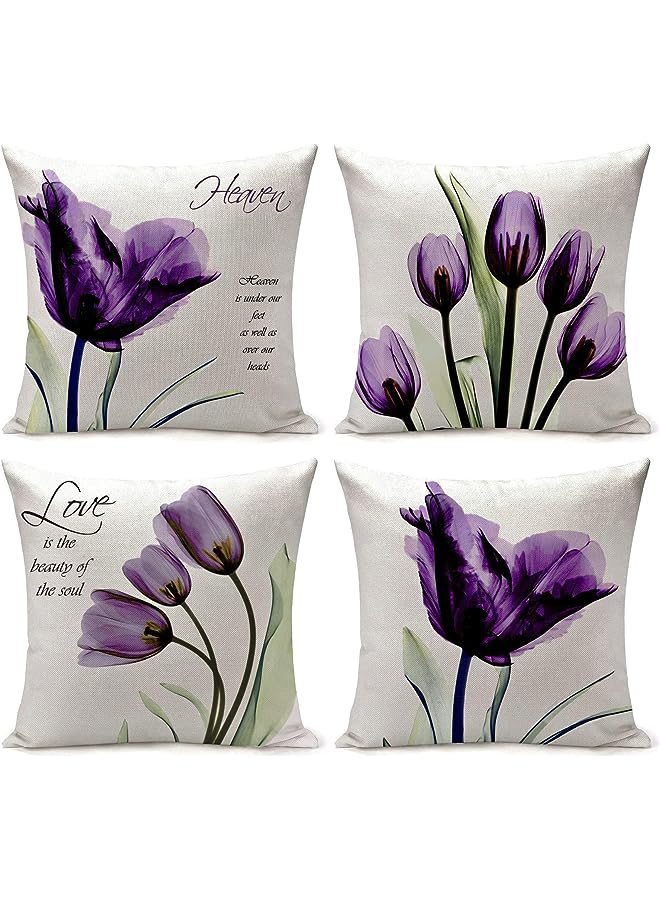 Delfino Covers Throw Pillow Covers Set of 4, Purple Flower Pattern for Home Sofa Art Living Room Outside Office Decorative with Durable Thick Linen Square 18 x18 inch 45x45cm - Image 1