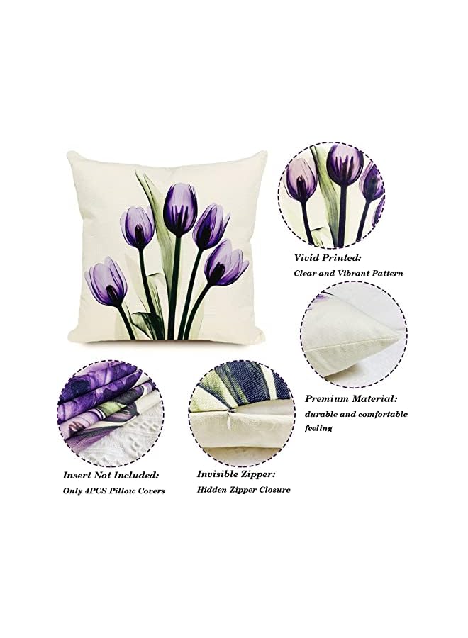 Delfino Covers Throw Pillow Covers Set of 4, Purple Flower Pattern for Home Sofa Art Living Room Outside Office Decorative with Durable Thick Linen Square 18 x18 inch 45x45cm - Image 3