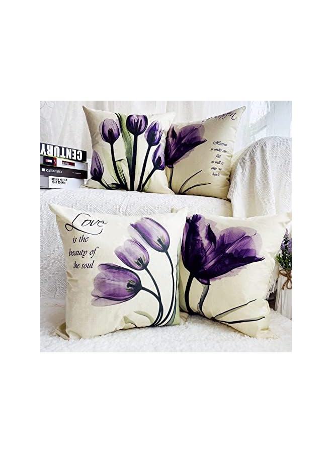 Delfino Covers Throw Pillow Covers Set of 4, Purple Flower Pattern for Home Sofa Art Living Room Outside Office Decorative with Durable Thick Linen Square 18 x18 inch 45x45cm - Image 5