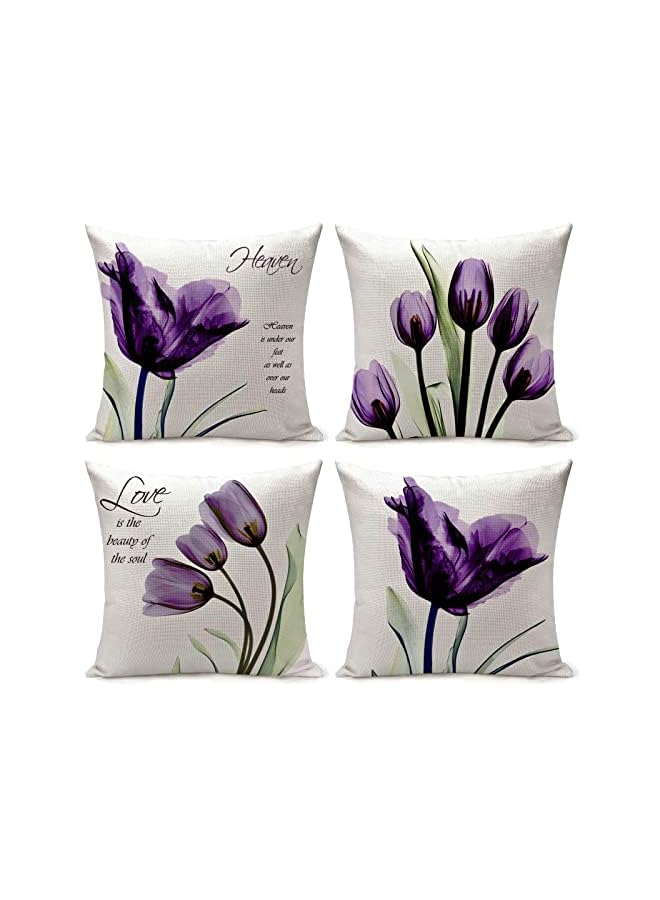 Delfino Covers Throw Pillow Covers Set of 4, Purple Flower Pattern for Home Sofa Art Living Room Outside Office Decorative with Durable Thick Linen Square 18 x18 inch 45x45cm - Image 2