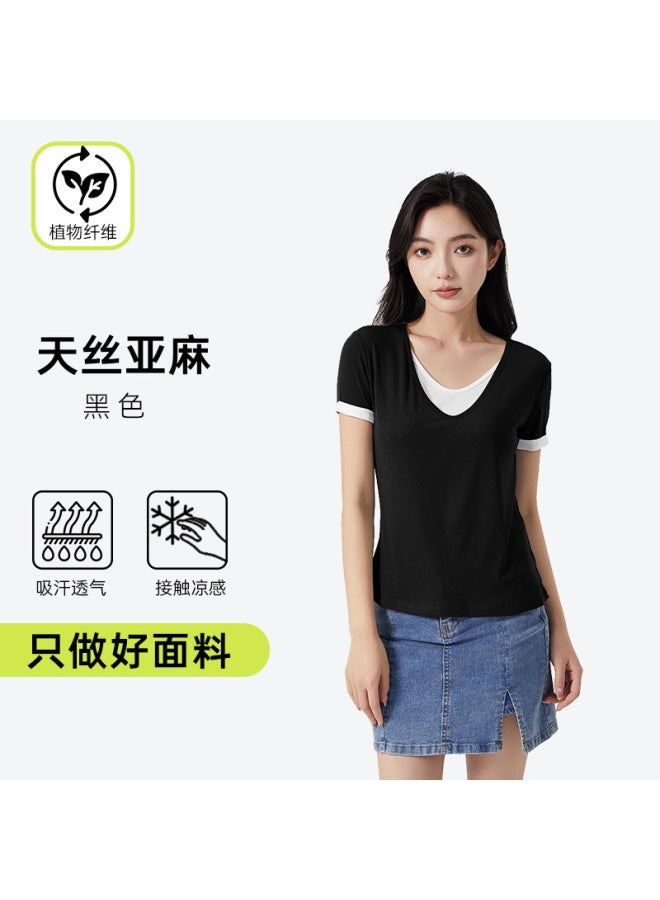 Fake Two-piece Linen V Neck T-shirt For Women In Summer, Niche, Cool, Casual, Versatile, Slimming Look, Short-sleeved Women's Right Shoulder