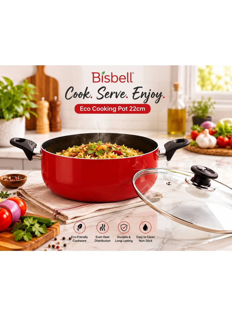 Bisbell Eco Cooking Pot 22cm with Tempered Glass Lid Non-Stick Deep Casserole Pot Heat Resistant Handles Red - Image 1