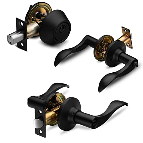 Berlin Modisch Entrance Lever Door Handle (for Office and Front Door) Reversible for Right and Left Side and a Single Cylinder deadbolt Set Keyed Alike Combo Pack - Iron Black - Image 1