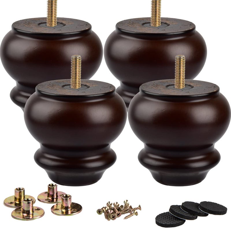 La Vane 3 inch  8cm Wooden Furniture Legs 4PCS Solid Wood Round Gourd M8 Replacement Bun Feet Black with PreDrilled 516 Inch Bolt  Mounting Plate  Screws for Sofa Chair Ottoman