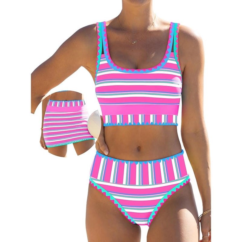 popvil High Waisted Bikini Sets for Women Tummy Control Swimsuits 3 Piece Bathing Suits Neon Swimwear with Skirt 2026 - Image 1