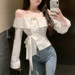 French Ruffled Slip Shirt Womens Spring and Autumn Pure Desire Shoulder Chic off-shoulder Strap Shirt Trendy White - pzsku/Z0846E0B4E3A014CABF9DZ/45/_/1743416875/d77f4889-033a-4d20-9558-d12bdf674e05
