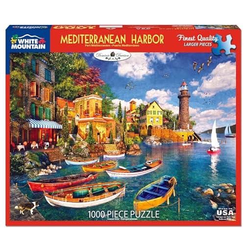 WHITE MOUNTAIN بازل وايت ماونتن 1000 قطعة - قوارب ساحلية مناظر طبيعية مع قطع كبيرة للبالغين والعائلة 24x30 ميناء البحر الأبيض المتوسط - Image 1
