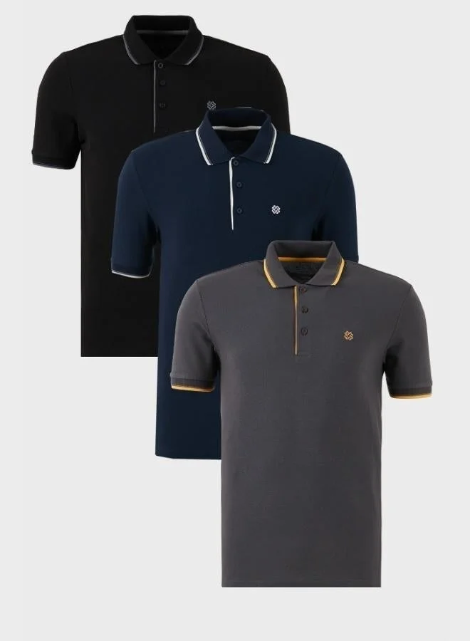 بوراتي تيشيرت رجالي بولو قطن ضيق مخطط مفصل بياقة بأزرار  قطع