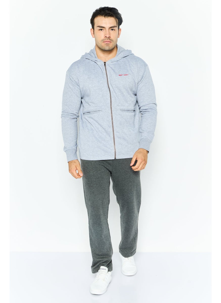 Night Addict - Men Hooded Long Sleeve Embraided Logo Sweatshirt, Grey - Image 1
