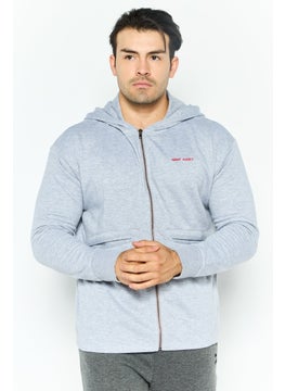 Men Hooded Long Sleeve Embraided Logo Sweatshirt, Grey