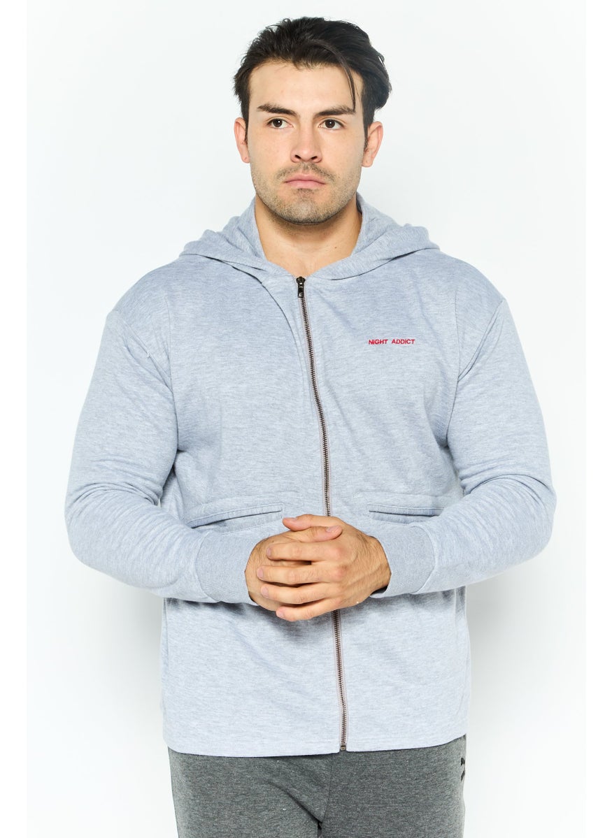 Night Addict - Men Hooded Long Sleeve Embraided Logo Sweatshirt, Grey - Image 1