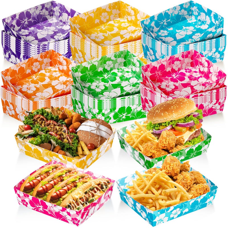 Nitial 48 Pcs Hawaiian Party Paper Food Trays 5 lb Large Paper Nacho Boats Disposable Food Paper Trays Snack Paper Tray for Hibiscus Party, Hawaiian Tropical Theme Luau Birthday Party - Image 1