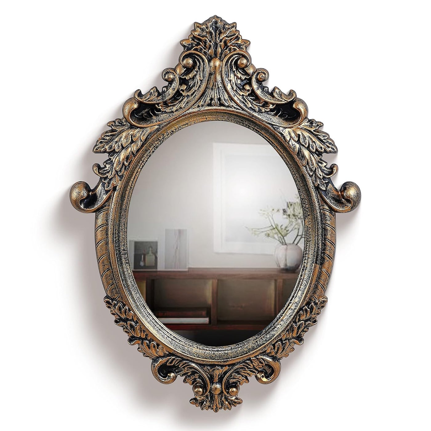 ABOUT SPACE Antique Wall Mirror MDF Frame Glass Mirror with Ornate Elliptical Design Vintage Wall Mount Mirror for Bathroom Bedroom Vanity Foyer 64 x 46 cm
