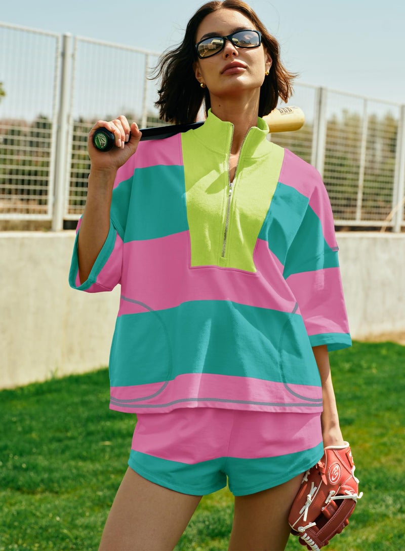 Yanekop Womens 2 Piece Outfits Summer Striped Lounge Set Two Piece Matching Workout Sets Oversized Short Sets Tracksuits(Hot Pink Green,S) - Image 4