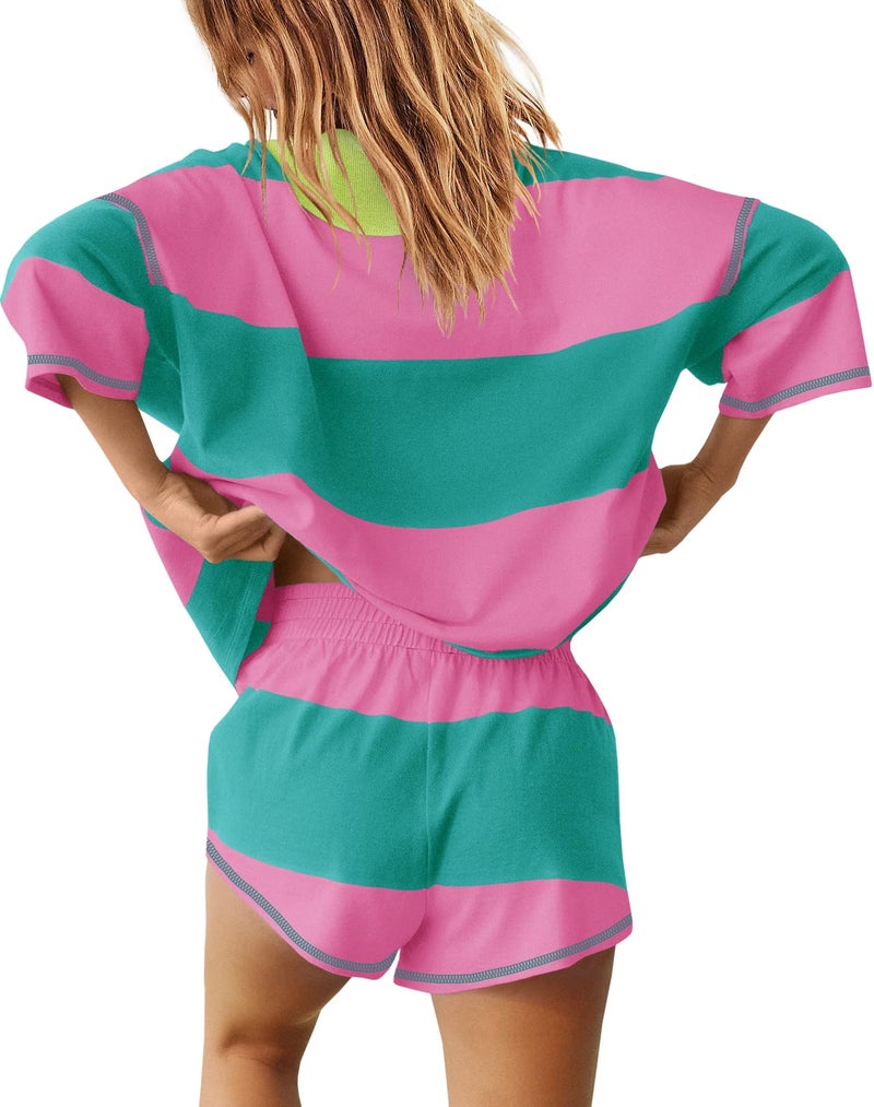 Yanekop Womens 2 Piece Outfits Summer Striped Lounge Set Two Piece Matching Workout Sets Oversized Short Sets Tracksuits(Hot Pink Green,S) - Image 3