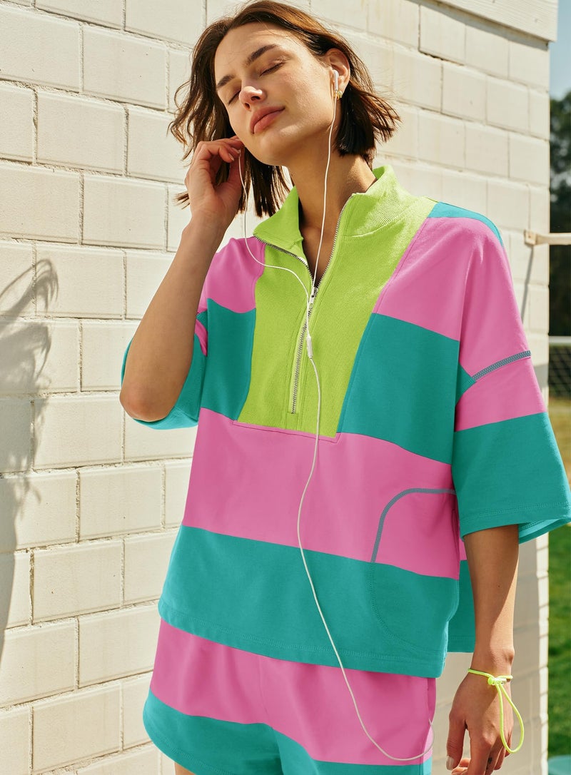 Yanekop Womens 2 Piece Outfits Summer Striped Lounge Set Two Piece Matching Workout Sets Oversized Short Sets Tracksuits(Hot Pink Green,S) - Image 5