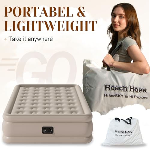 REACH HOPE Air Mattress with Built in Pump Full, Plug-in Electric Pump Self-Inflatable Air Bed, Blow Up Travel Bed, Comfortable Airbed for Rental Home, Camping and Guests.(18" Height Full, Khaki) - Image 3