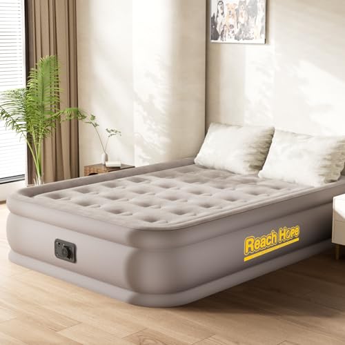 REACH HOPE Air Mattress with Built in Pump Full, Plug-in Electric Pump Self-Inflatable Air Bed, Blow Up Travel Bed, Comfortable Airbed for Rental Home, Camping and Guests.(18" Height Full, Khaki) - Image 1