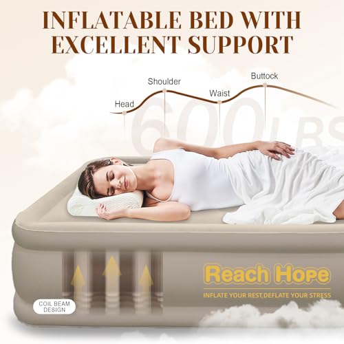 REACH HOPE Air Mattress with Built in Pump Full, Plug-in Electric Pump Self-Inflatable Air Bed, Blow Up Travel Bed, Comfortable Airbed for Rental Home, Camping and Guests.(18" Height Full, Khaki) - Image 2