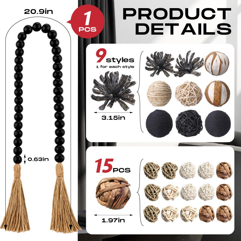 Halloscume 25 Pcs 3.15 and 1.97 Inch Decorative Balls, 20.9 Inch Garland Wood Beads Rattan Wicker Balls with Spheres Orbs Filler for Garden Table Vase Bowl Filler Centerpiece(Black,Wicker Rattan) - Image 2
