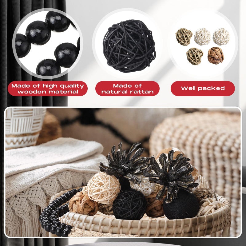 Halloscume 25 Pcs 3.15 and 1.97 Inch Decorative Balls, 20.9 Inch Garland Wood Beads Rattan Wicker Balls with Spheres Orbs Filler for Garden Table Vase Bowl Filler Centerpiece(Black,Wicker Rattan) - Image 3