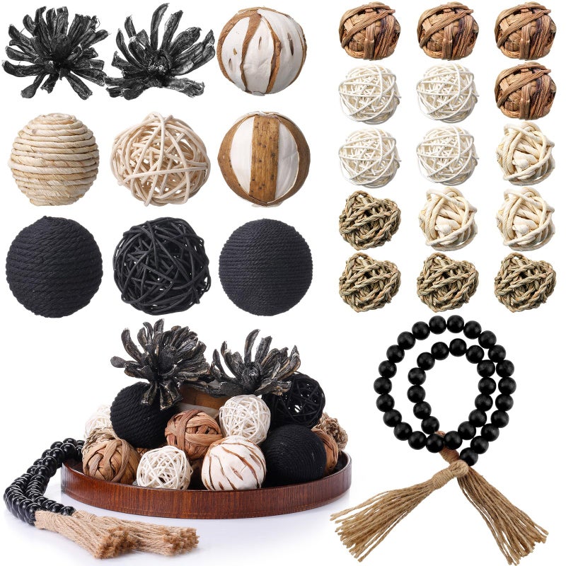 Halloscume 25 Pcs 3.15 and 1.97 Inch Decorative Balls, 20.9 Inch Garland Wood Beads Rattan Wicker Balls with Spheres Orbs Filler for Garden Table Vase Bowl Filler Centerpiece(Black,Wicker Rattan) - Image 1
