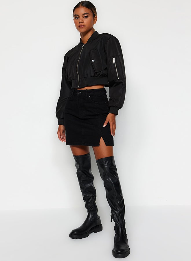 trendyol Black Slit High Waist Mini Denim Skirt TWOAW23ET00285  - Image 2