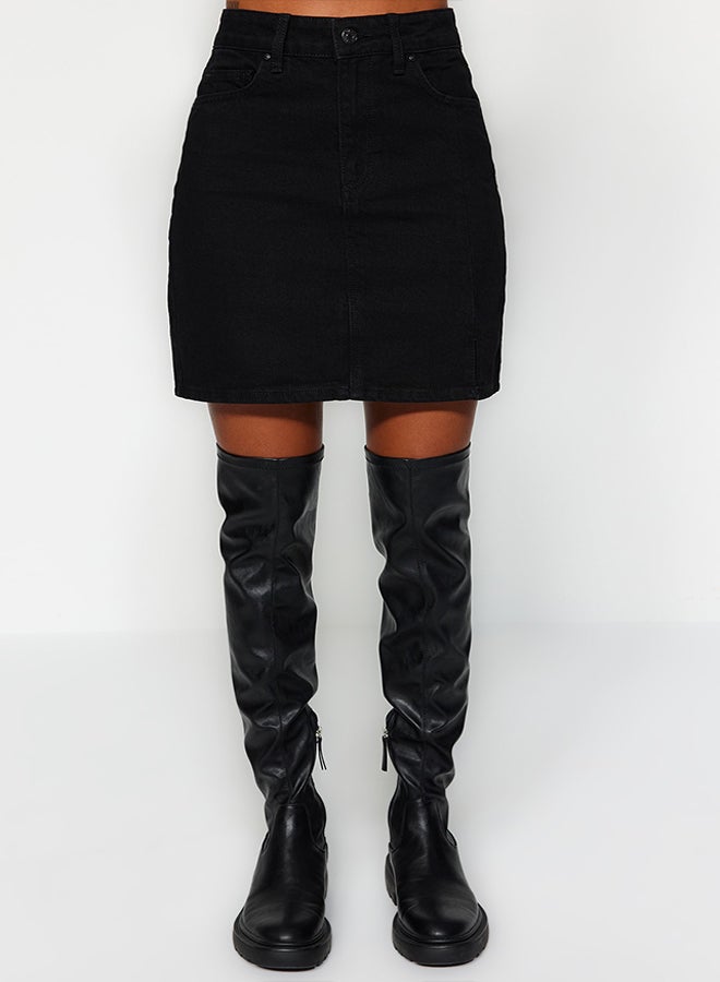 trendyol Black Slit High Waist Mini Denim Skirt TWOAW23ET00285  - Image 4