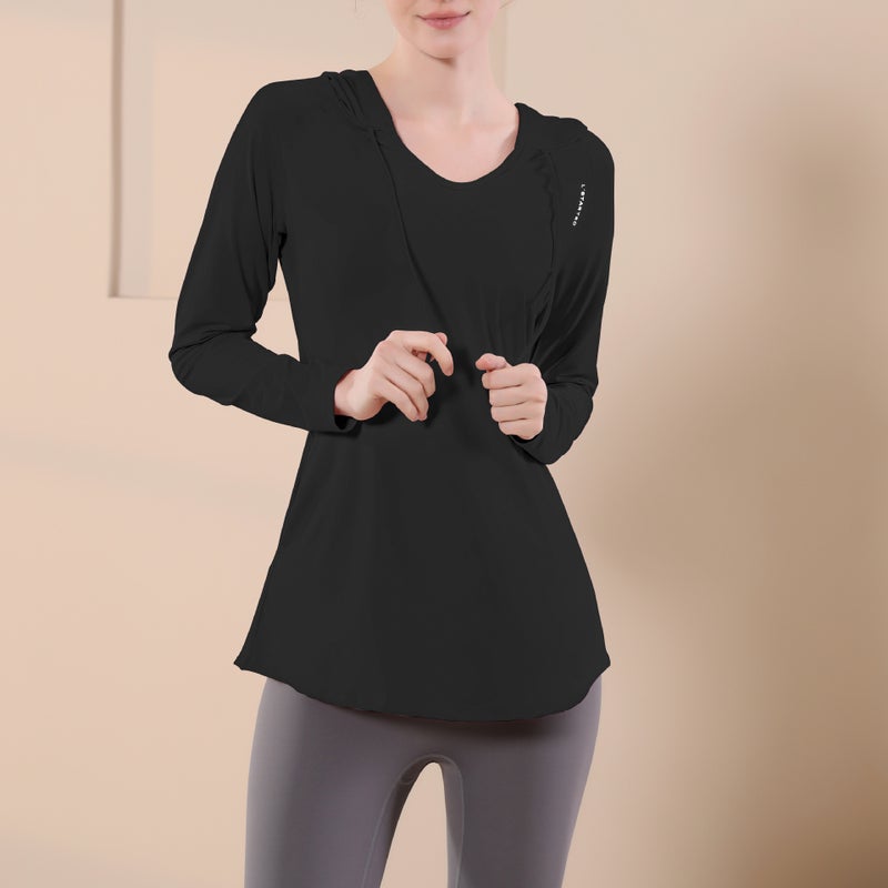 Generic Yoga Clothing Sports Top Womens Autumn and Winter Casual Loose Slimming Blouse Long Sleeve Quick-drying Hooded Running Fitness Sweater Black 