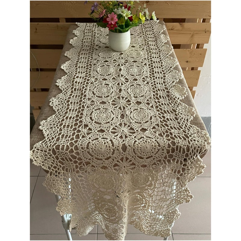 MINDPLUS Cotton Hand Crochet Lace Table Runner Coffee Table Dresser Farmhouse Boho Decor Beige 16x70