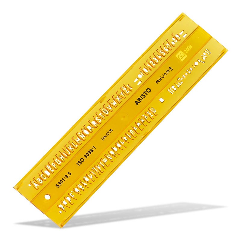 Aristo Aristo Lettering Stencil Straight 3.5mm H-Profil Suitable for Fountain Pens Crisp Letters, Numbers, Punctuations & Symbols Orange Transparent Plastic - Image 1