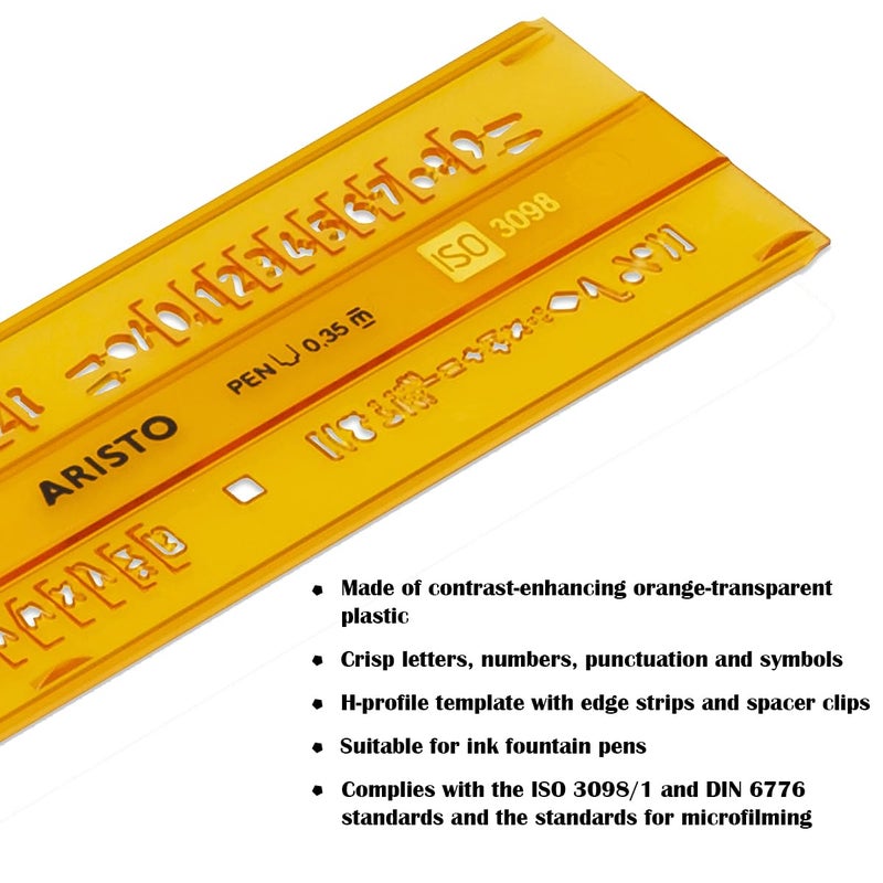 Aristo Aristo Lettering Stencil Straight 3.5mm H-Profil Suitable for Fountain Pens Crisp Letters, Numbers, Punctuations & Symbols Orange Transparent Plastic - Image 2